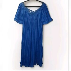Sante Classic Midi Dress Pleated Crochet Neck Blue Woman O/S Coastal Boho New